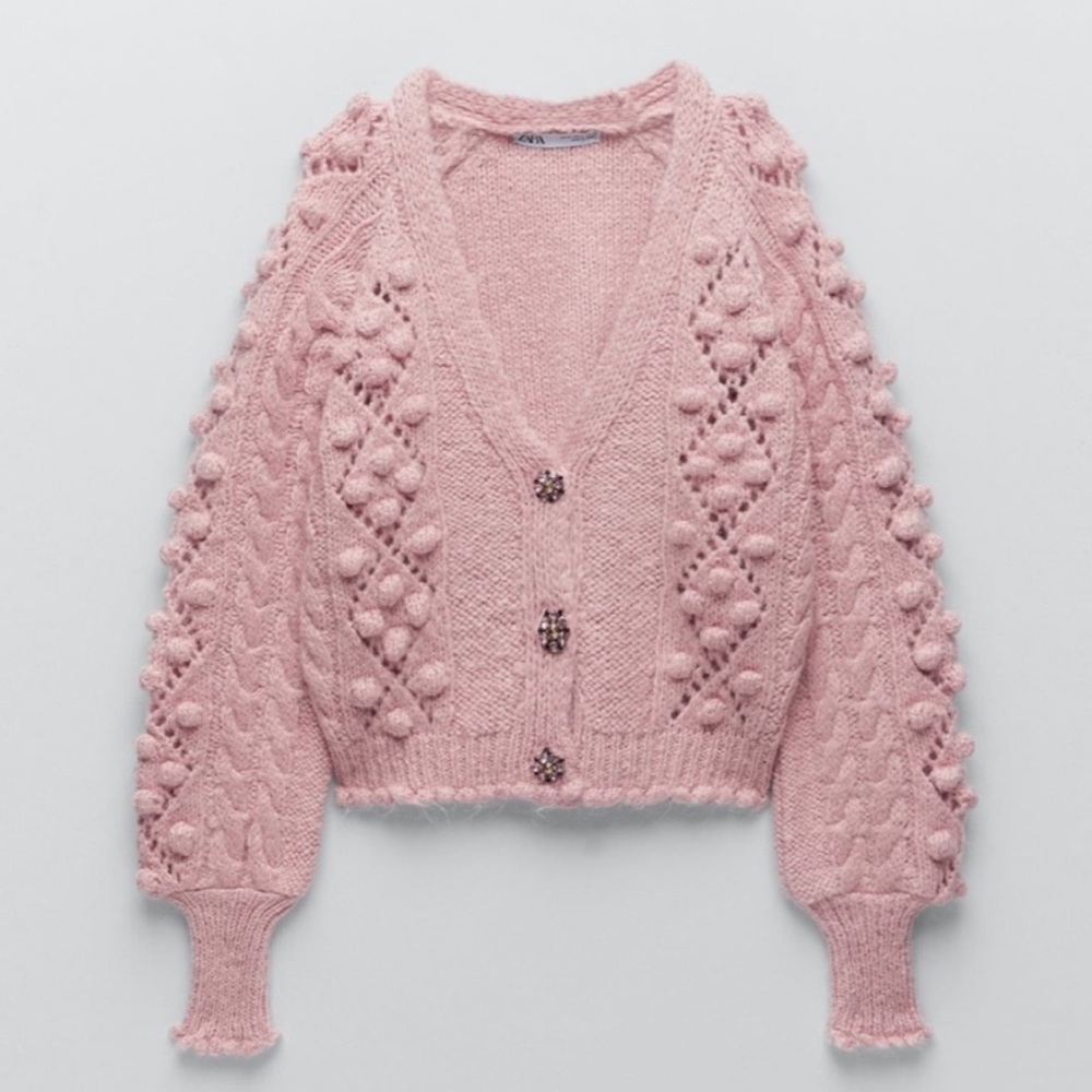 Zara Jewel Button Knit Cardigan in Pink Size Medium Blogger Fave Cottagecore